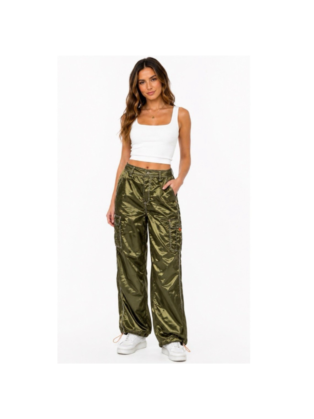 UNIF "HTTP" Shiny Olive Green Y2K Nylon Pants